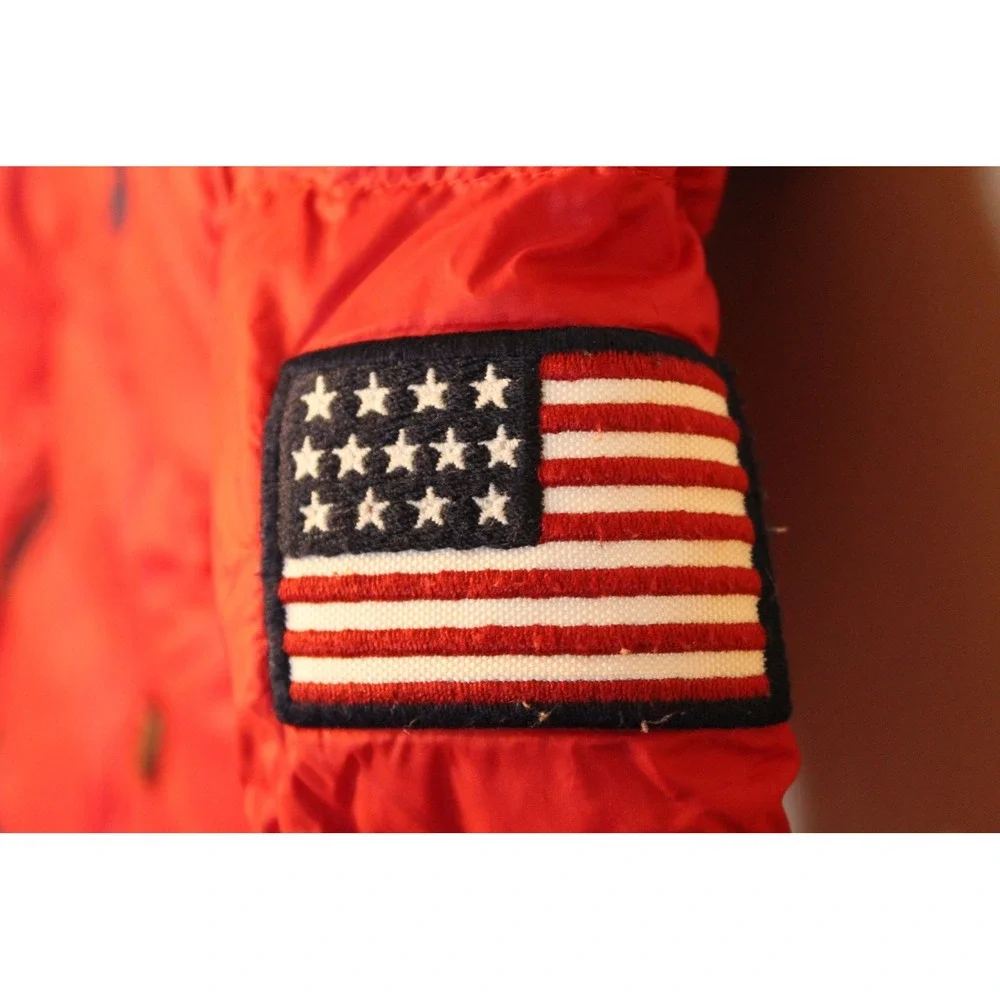 Kids Ralph Lauren Red Puffer Jacket American Flag‎ Patch Hooded Zip Front